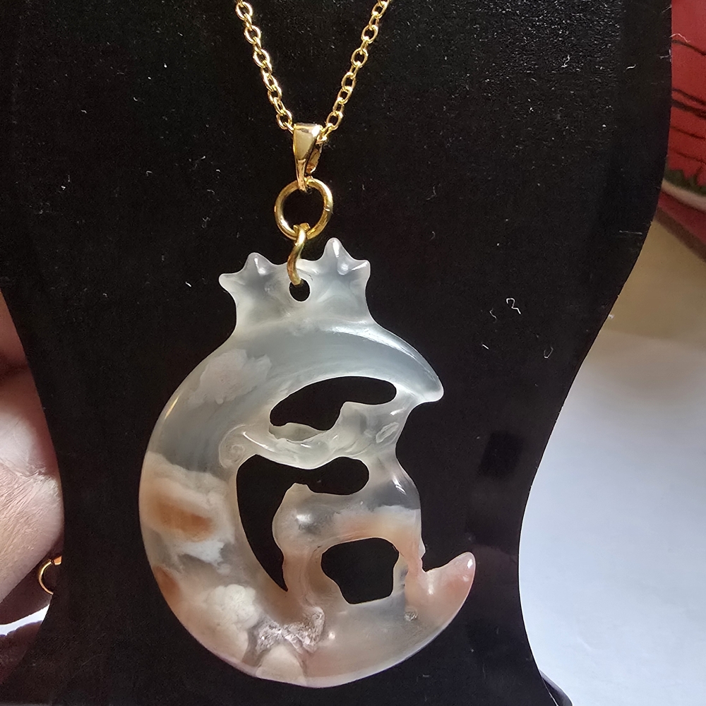 Flower Agate Moon And Deer  Pendant Necklace